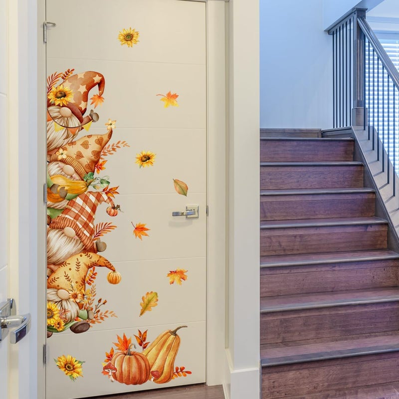 Demonwer 43.3 X 15.74 Inch Fall Gnome Door Stickers Cute Gnome Pumpkin Sunflower Door Sticker Decor for Living Room Bedroom Fall Thanksgiving Harvest Festival Party Favorites - Image 3